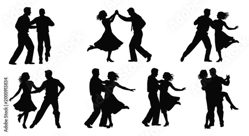 Dancing couples in various poses black silhouette high quality professional detailed