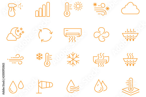 Airflow, Ventilation and HVAC line icon set. Vector pictograms of air conditioning, heating, fans, wind, temperature, clouds, and natural elements, thin linear illustration