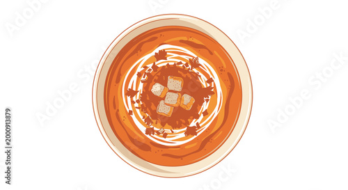 Warm Tomato Soup with Croutons in a Bowl, Top View