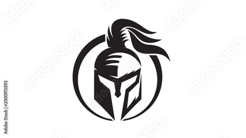 Warrior head logo with black helmet silhouette inside circular emblem and stylized white facial contours