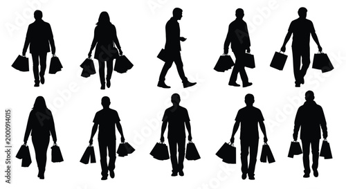 People carrying shopping bags various poses black silhouette high quality professional