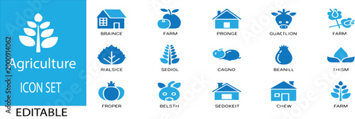  Agriculture Icons FARM, TRACTOR, CROP, WHEAT, RICE, CORN, SOIL, SEED, WATERING, IRRIGATION, HARVEST, BARN, FARMER, on white background 