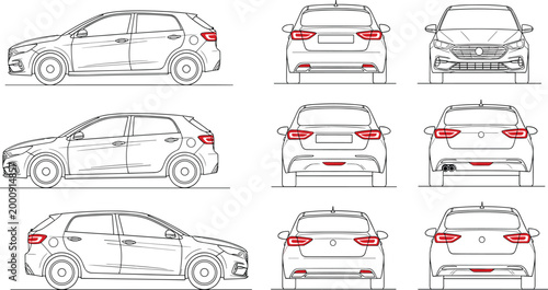 Foto Modern Hatchback Car Vector Template Set Featuring Technical Line Art Blueprints