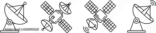 Satellite and antenna communication icon set with space technology signals network outline vector illustration collection