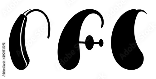 Hearing aid device icon set with solid black icon on white background featuring hearing aid, audio assistance device, medical device with healthcare and technology