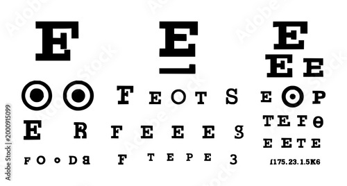 Ophthalmology eye exam chart set with solid black icon against white background featuring eye chart, visual diagram, clinical symbols with medical and visual