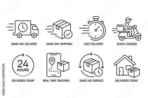 Tableau sur toile Eight black and white delivery service icons set with labels