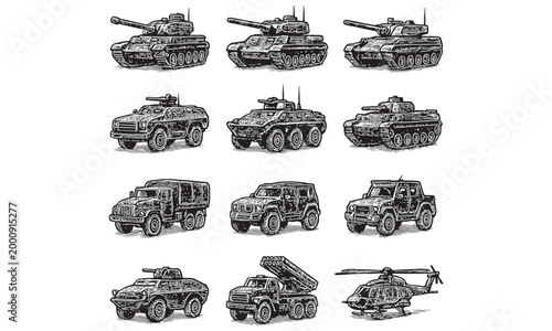 Military Vehicles Set Vintage Style