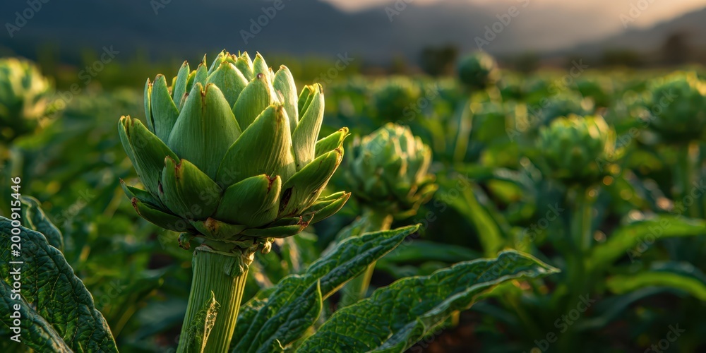 Fototapeta premium Artichoke plants with ripe purplish flower heads growing in the agricultural field ready to harvest. Close-up farm with artichoke plants. Natural growth and organic farming practices. Golden sunlight