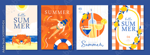 Set of summer Italian posters or covers with lemonade, lemons, cocktails, crab, swimming woman and striped tablecloth. Vector illustration