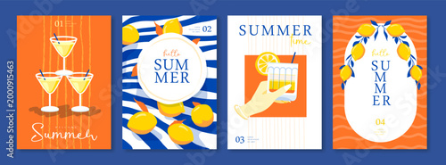Set of summer Italian posters or covers with lemonade, lemons, hand with cocktail and striped tablecloth. Vector illustration