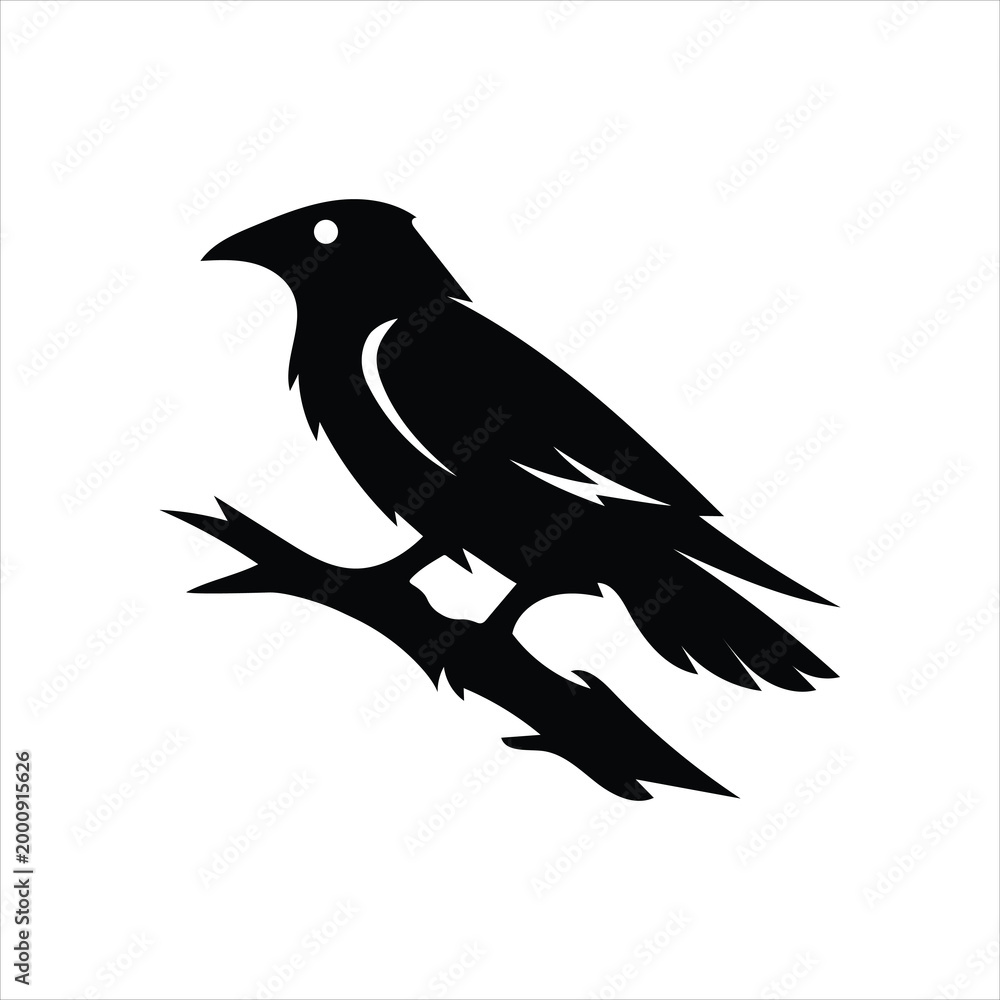 Fototapeta premium Black Silhouette of Raven Perched on Branch in Minimalist Gothic Style Illustration