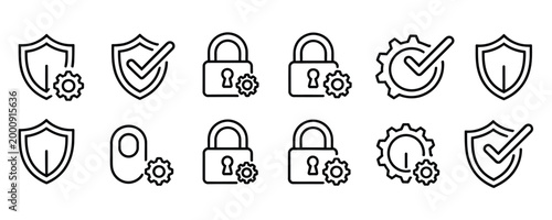 Security icons set with shield, Lock, Gear and check mark symbols for safety and protection concepts