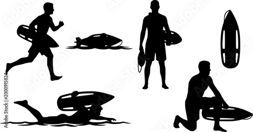 Collection Of Lifeguard Silhouettes In Various Poses With Rescue Buoys vector illustration
