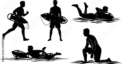 Collection Of Lifeguard Silhouettes In Various Poses With Rescue Buoys vector illustration

