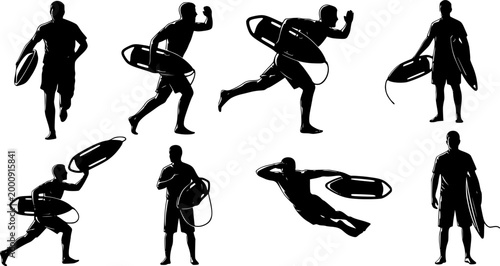 Collection Of Lifeguard Silhouettes In Various Poses With Rescue Buoys vector illustration
