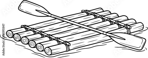 Raft and Paddle on Water: A minimalist illustration of a sturdy raft, ready to navigate the water, with a paddle resting on the surface. Embodying adventure and exploration
