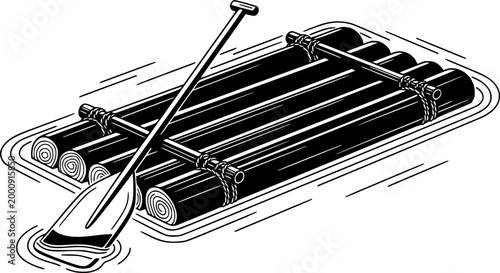 Raft and Paddle on Water: A minimalist illustration of a sturdy raft, ready to navigate the water, with a paddle resting on the surface. Embodying adventure and exploration