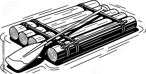 Raft and Paddle on Water: A minimalist illustration of a sturdy raft, ready to navigate the water, with a paddle resting on the surface. Embodying adventure and exploration