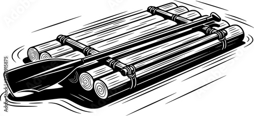 Raft and Paddle on Water: A minimalist illustration of a sturdy raft, ready to navigate the water, with a paddle resting on the surface. Embodying adventure and exploration