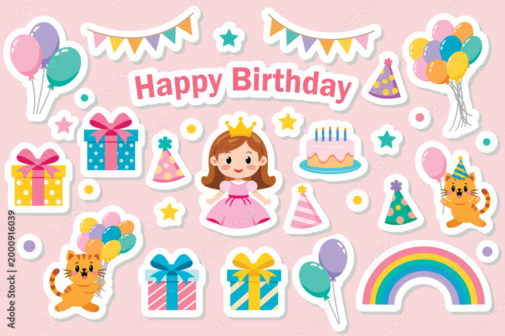 Fototapeta premium A set of cute cartoon-style birthday-themed stickers for girls