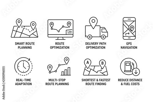 Obraz na plátně Flat vector icons showing logistics route planning and optimization features