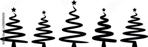 Set of five hand-drawn black and white Christmas trees with spiral trunks and star toppers