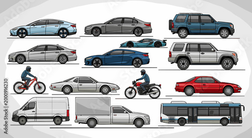 A collection of various modern vehicles including cars, SUVs, a sports car, a motorcycle, a bicycle, a van, a truck, and a bus, displayed on a grey background.