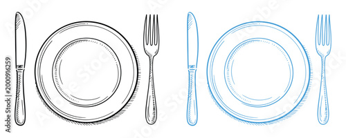 Schilderij op canvas Dining utensils and plates in black and blue on white background