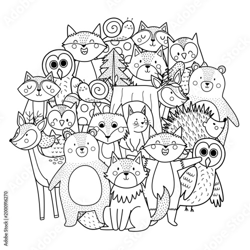 Cute forest animals mandala with wolf, bear, deer, fox, owl. Circle composition with woodland character for coloring page. Vector illustration