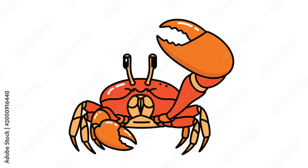 Fototapeta premium Vibrant cartoon-style illustration of a red crab with one large claw raised, showcasing its detailed shell and lively expression on a white background.