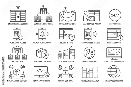 Modern smart locker system infographic icons set