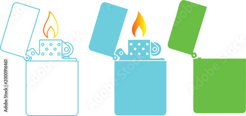 Three lighters with flames in different colors.