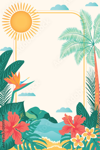 Bright tropical summer vector frame with palm trees, exotic leaves, hibiscus flowers and bird of paradise (strelitzia) on a sunny beach background