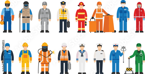 Professional Worker Character Set with Construction, Police, Firefighter, Engineer, Sailor, and Service Occupations for Industry, Workforce, and Career Illustration Design
