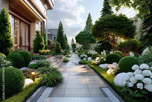 Lush garden pathway with blooming hydrangeas and wooden house