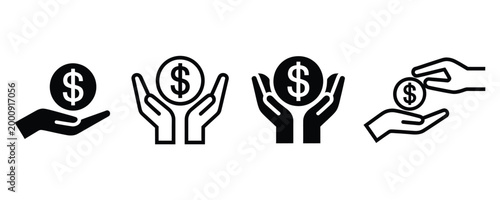 Four black and white icons of hands holding dollar coins on white background