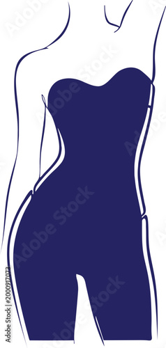 Woman wearing dark blue bodysuit.