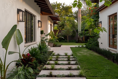 Lush garden pathway with white house, potted plants, and stepping stones