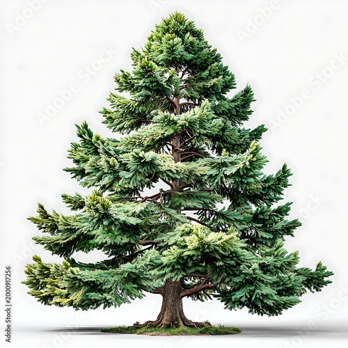 Lush green pine tree isolated on white background, christmas holiday symbol