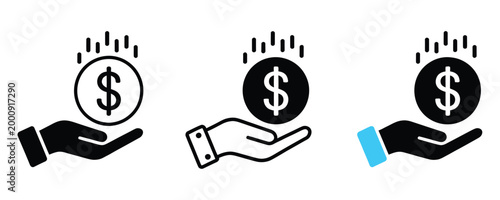 Three stylized hand holding dollar coin icons in black and white and blue on white background