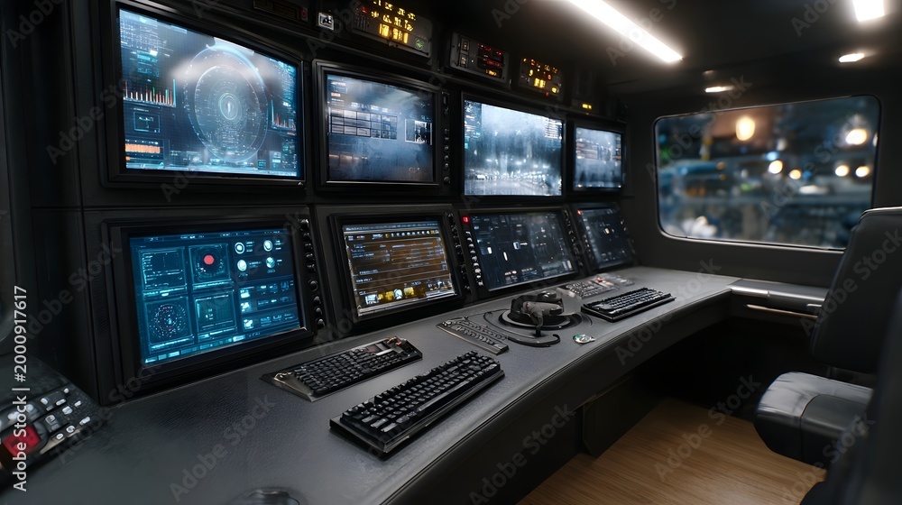 Naklejka premium A detailed view of a sophisticated control console featuring multiple glowing screens and sophisticated data interfaces in a futuristic command