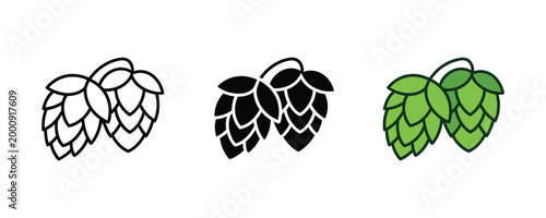Hops cones illustrations in black and green on white background for beer brewing