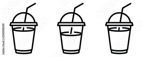 Three black line art illustrations of disposable cups with straws and lids