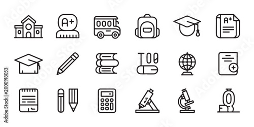 Education and School Line Icons Set. Collection of Outline Vector Symbols for Learning, University, College, and Academic Success.