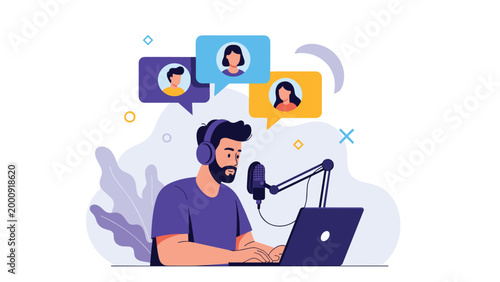 Male broadcaster with headphones speaks into a professional microphone while hosting a podcast with multiple remote guests in bubbles.