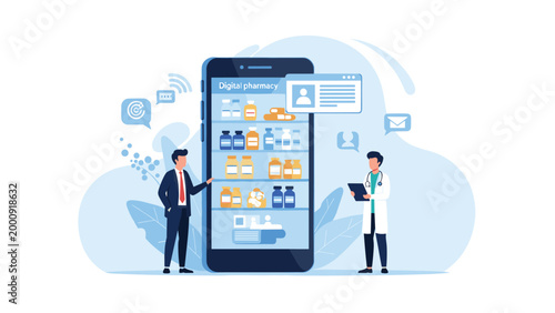 Businessman and a doctor stand beside a large smartphone displaying a digital pharmacy app with shelves of various medicine bottles.