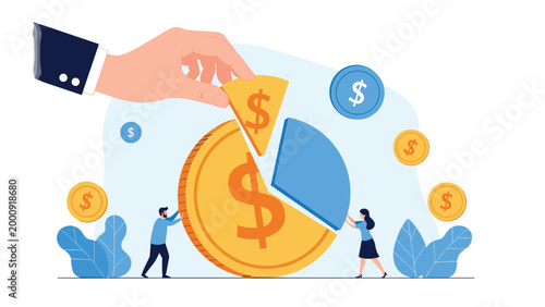Giant hand places a missing pie chart piece into a large gold dollar coin held by two people representing investment and profit sharing.