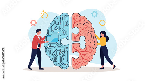 Man and woman collaborate to join two halves of a brain puzzle where one side is digital circuitry and the other is biological tissue.