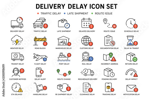 Flat delivery delay icons set with various reasons illustration
